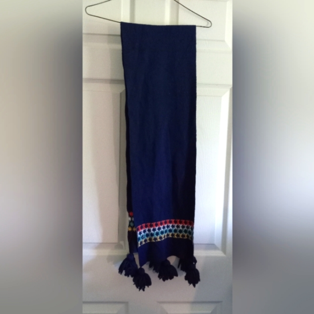Vintage Xhilaration Large Blue Tasseled Pom Pom  Red, White, Blue & Yellow Scarf